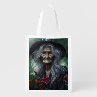 Old Witch Gathering Herbs for Potions  Grocery Bag