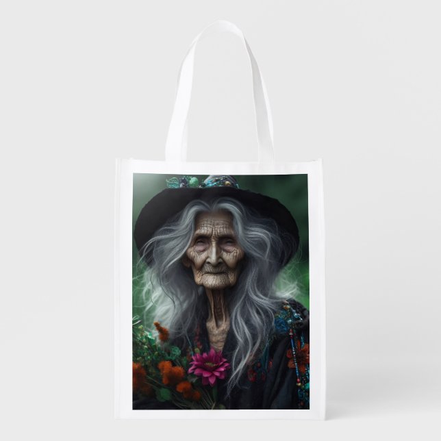 Old Witch Gathering Herbs for Potions  Grocery Bag (Front)