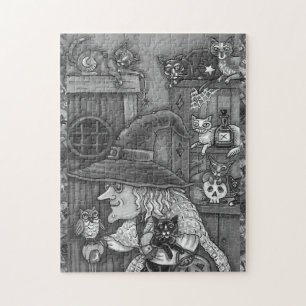 OLD WITCH HAPPY HOME, CATS & OWL BLK/WHT HALLOWEEN JIGSAW PUZZLE