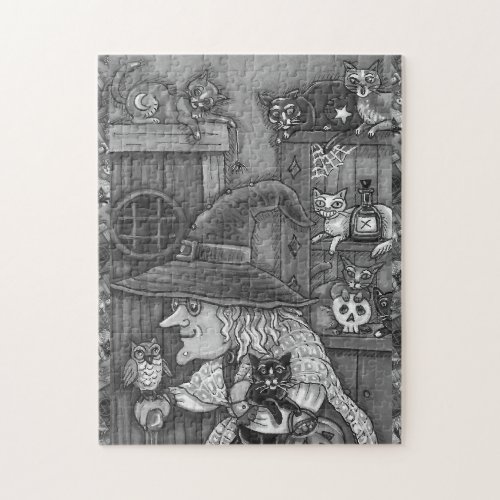 OLD WITCH HAPPY HOME CATS  OWL BLKWHT HALLOWEEN JIGSAW PUZZLE