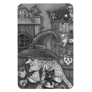 OLD WITCH HAPPY HOME, CATS & OWL BLK/WHT HALLOWEEN MAGNET