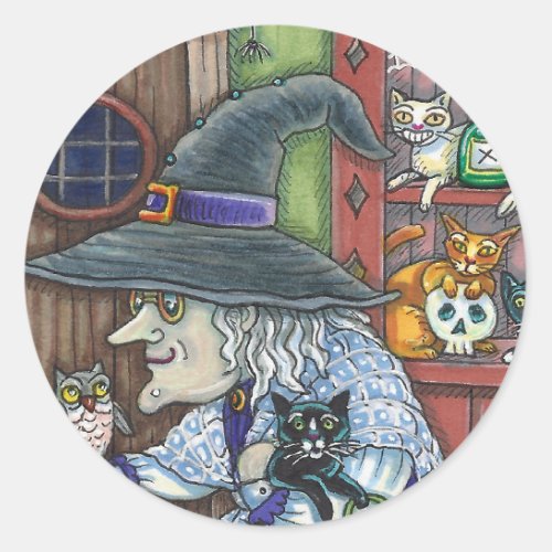 OLD WITCH HAPPY HOME LOTS OF CATS  OWL HALLOWEEN CLASSIC ROUND STICKER