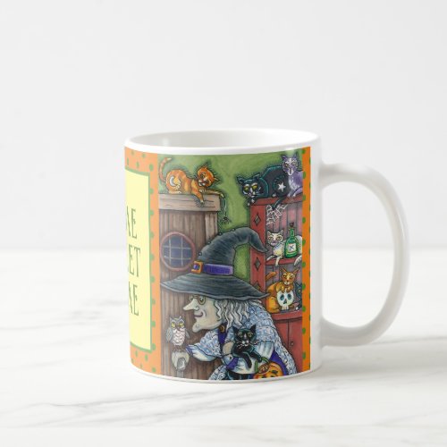 OLD WITCH HAPPY HOME LOTS OF CATS  OWL HALLOWEEN COFFEE MUG