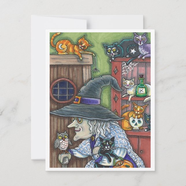 OLD WITCH HAPPY HOME, LOTS OF CATS & OWL HALLOWEEN HOLIDAY CARD (Front)