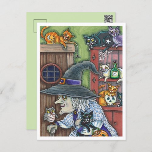 OLD WITCH HAPPY HOME LOTS OF CATS  OWL HALLOWEEN HOLIDAY POSTCARD