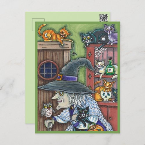 OLD WITCH HAPPY HOME LOTS OF CATS  OWL HALLOWEEN HOLIDAY POSTCARD