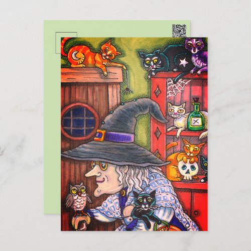 OLD WITCH HAPPY HOME LOTS OF CATS  OWL HALLOWEEN HOLIDAY POSTCARD