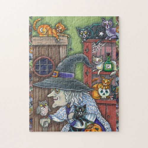 OLD WITCH HAPPY HOME LOTS OF CATS  OWL HALLOWEEN JIGSAW PUZZLE