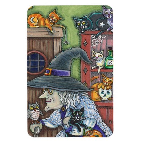 OLD WITCH HAPPY HOME LOTS OF CATS  OWL HALLOWEEN MAGNET