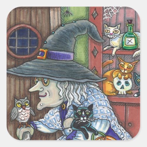OLD WITCH HAPPY HOME LOTS OF CATS  OWL HALLOWEEN SQUARE STICKER