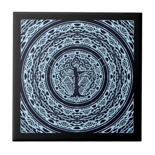 Old Withered Black  Blue Abstract Tree Ceramic Tile