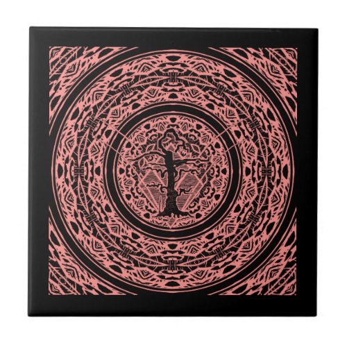 Old Withered Black  Pink Rose Abstract Tree Ceramic Tile