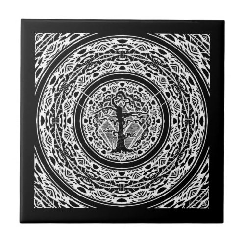 Old Withered Black  White Abstract Tree Ceramic Tile