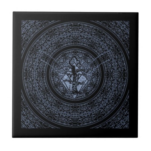 Old Withered Blue  Black Negative Abstract Tree Ceramic Tile