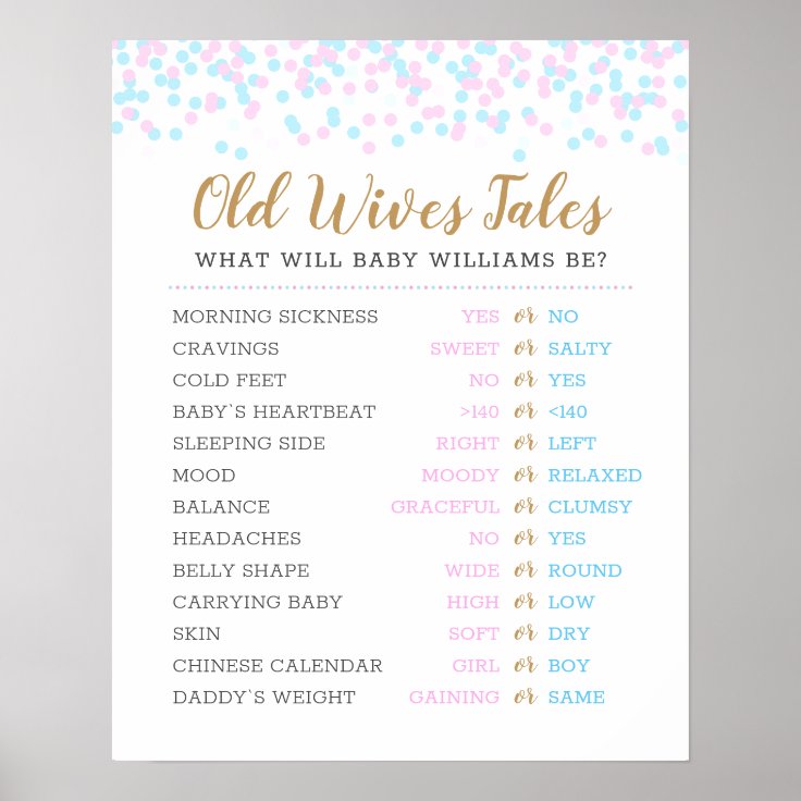 Old Wives Tales Baby Gender Reveal Game Poster | Zazzle