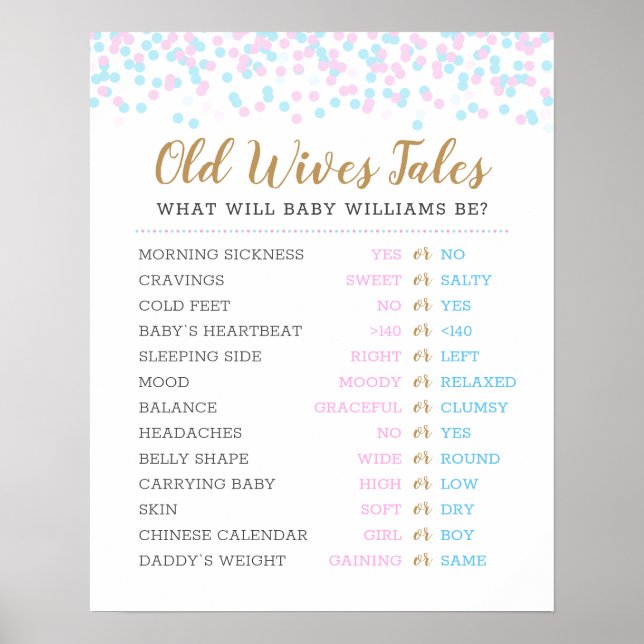 Old Wives Tales Baby Gender Reveal Game Poster (Front)