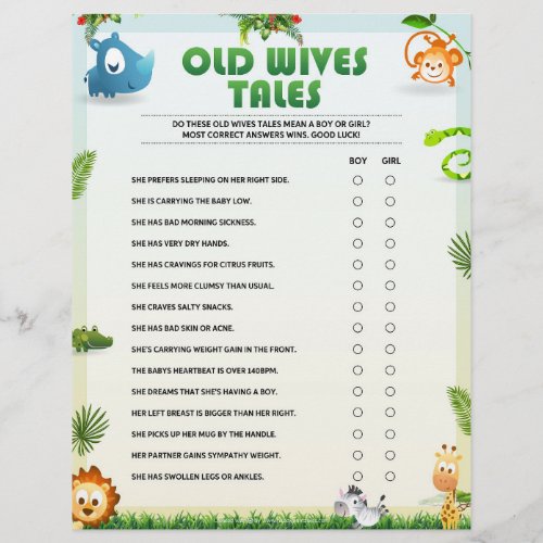 Old Wives Tales Baby Shower Game Animal Theme  Letterhead