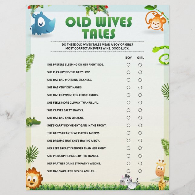 Old Wives Tales Baby Shower Game [Animal Theme]  Letterhead (Front)