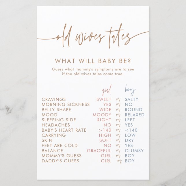 Old Wives Tales Card | Boho Gender Reveal Game (Front)