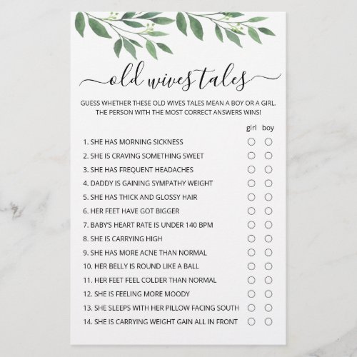 Old Wives Tales Game Baby Shower party game