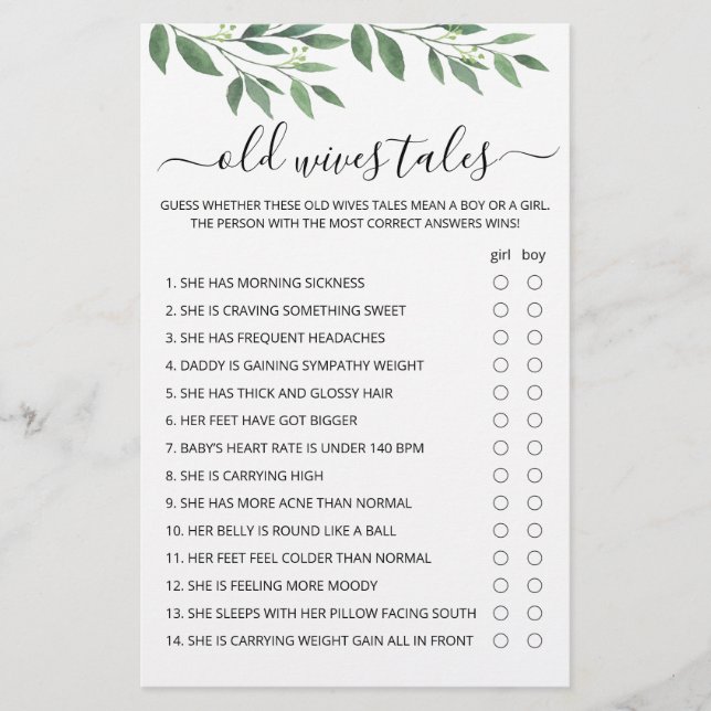 Old Wives Tales Game Baby Shower party game (Front)