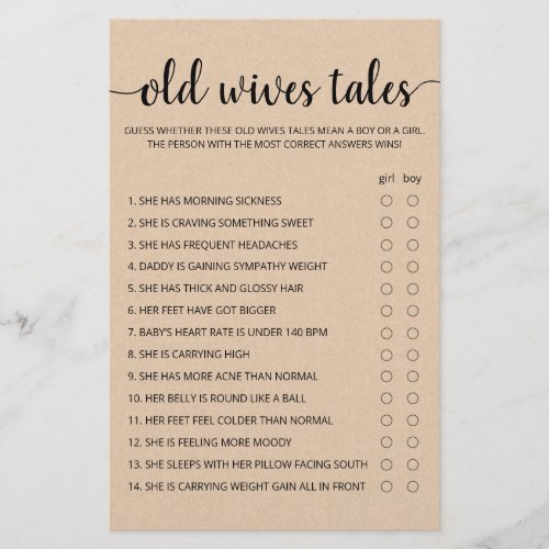 Old Wives Tales Game Baby Shower party game