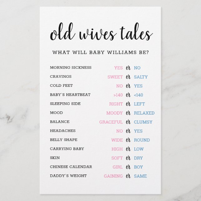 Old Wives Tales Gender Reveal Baby Shower Game (Front)