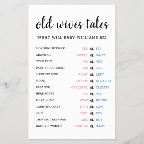 Old Wives Tales Gender Reveal Baby Shower Game