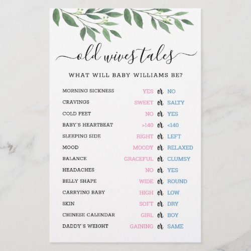 Old Wives Tales Gender Reveal Baby Shower Game