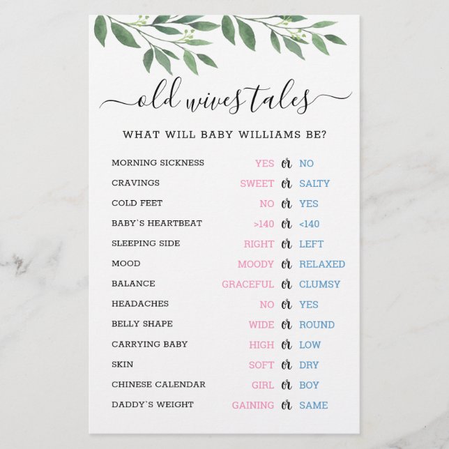Old Wives Tales Gender Reveal Baby Shower Game (Front)