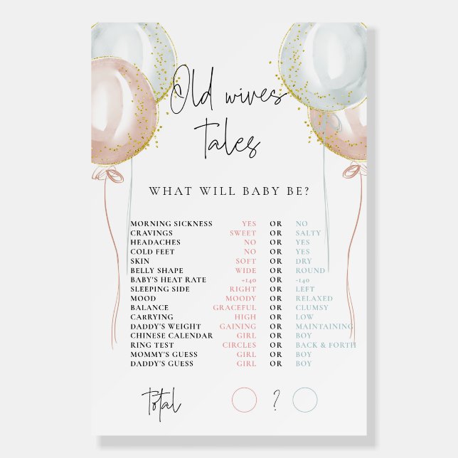 Old Wives Tales Pink & Blue Balloon Gender Reveal Foam Board (Front)