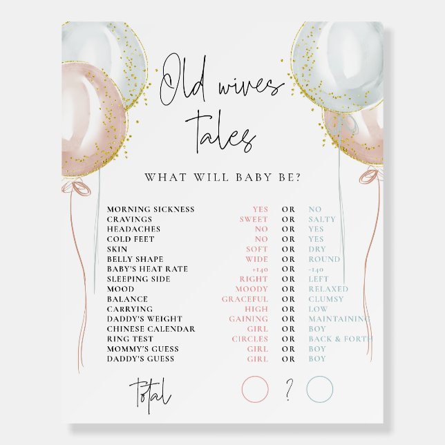 Old Wives Tales Pink & Blue Balloon Gender Reveal Foam Board (Front)