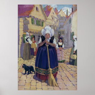 Old Woman, Cat and Broom Nursery Rhyme Poster