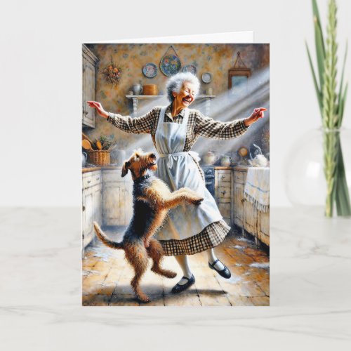 Old Woman Dancing With Dog Birthday Card