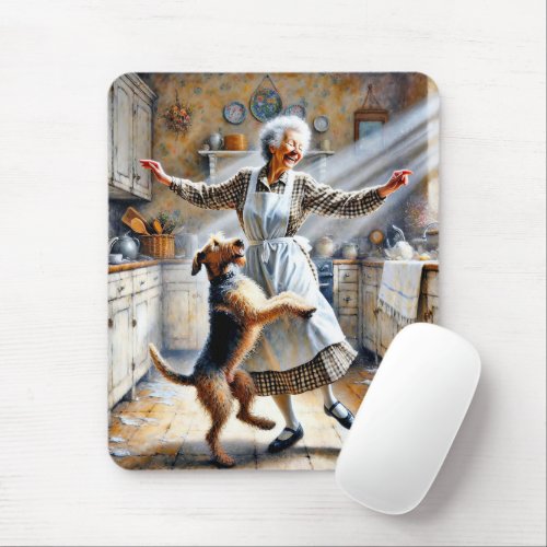 Old Woman Dancing With Dog Mouse Pad