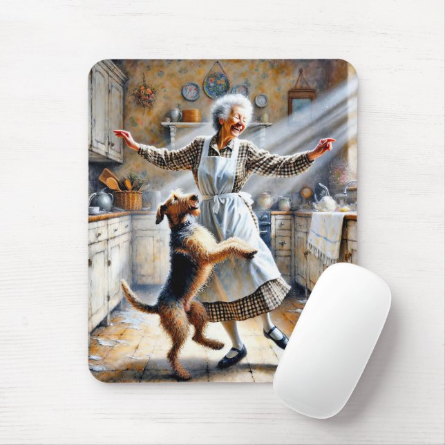 Old Woman Dancing With Dog Mouse Pad (With Mouse)