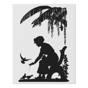 Old Woman feeding pigeon Birds Silhouette art Faux Canvas Print