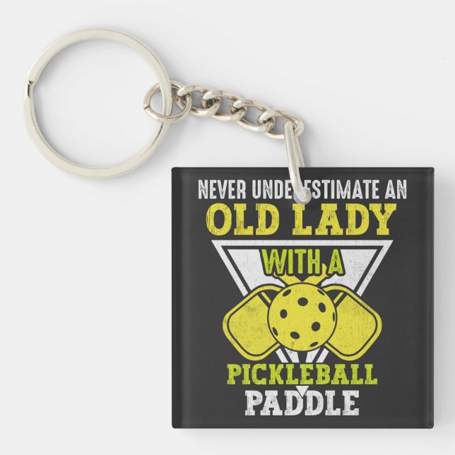Old Woman Love Pickleball Sport, Funny Pickleball Keychain (Front)