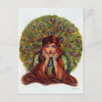 old woman, peacock feathers, art nouveau holiday postcard