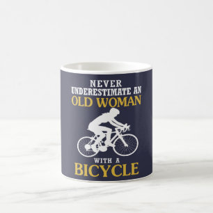 OLD WOMAN WITH A BICYCLE COFFEE MUG