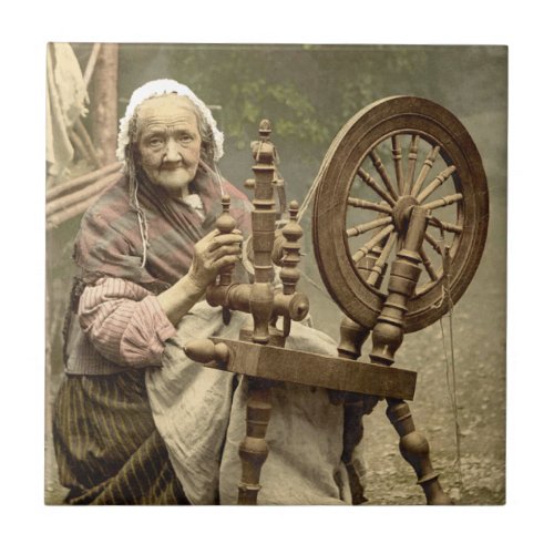 Old Woman With Spinning Wheel Tile