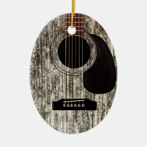 Old Wood Acoustic Guitar Ceramic Ornament