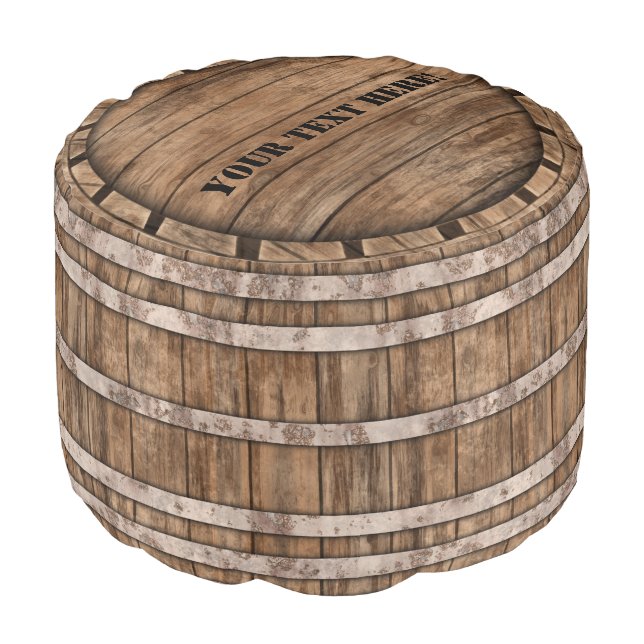 Old Wood Barrel Pouf with customizable lid text (Angled Front)