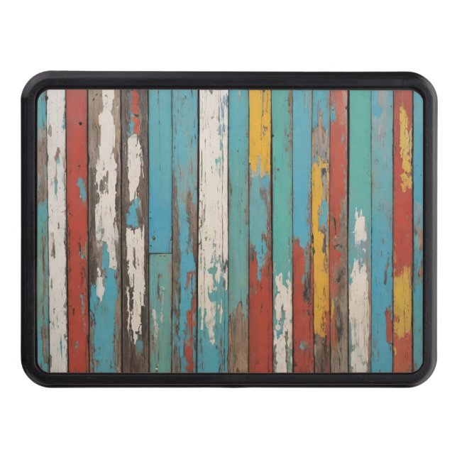 Old Wood Blue And Yellow Painted Distressed Planks Hitch Cover (Front)