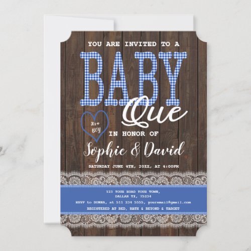 Old Wood Blue Gingham Boy Baby Shower BBQ Invitation