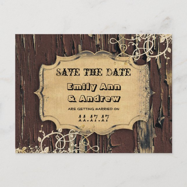 Old Wood Country Chic Gold Vine Save the Date Announcement Postcard (Front)