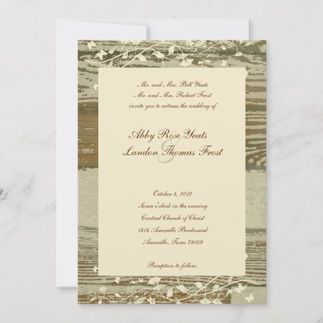 Old Wood Floral Wedding Invitation--Gold Tint Invitation (Front)