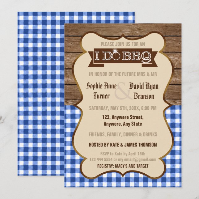 Old Wood Gingham I DO BBQ Engagement Party Invite (Front/Back)