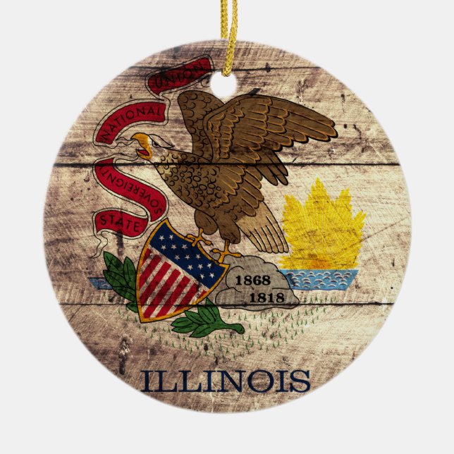 Old Wood Illinois Flag; Ceramic Ornament (Front)