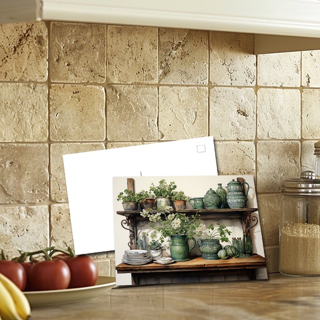  Old Wood Kitchen Shelf Green White Dishes Postcard (Creator Uploaded)